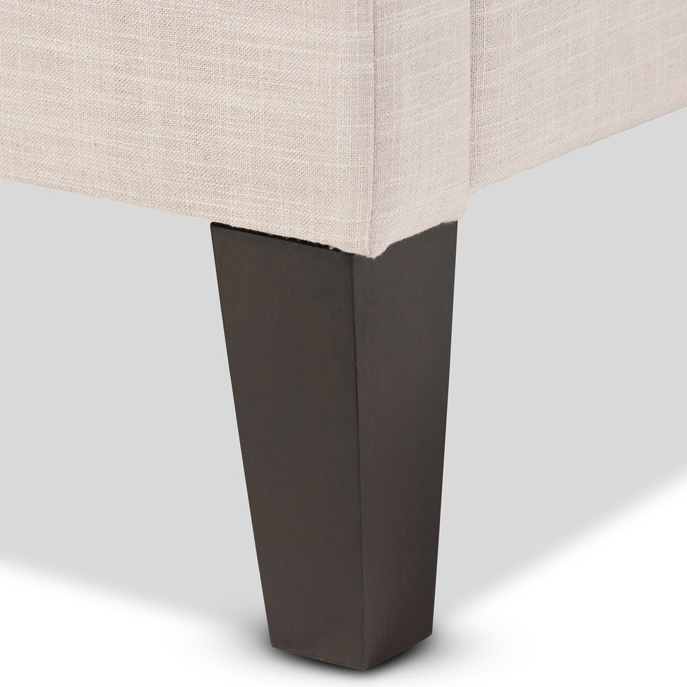 Beige Linen Fabric Upholstered Queen Size Bed Frame With Tapered Legs