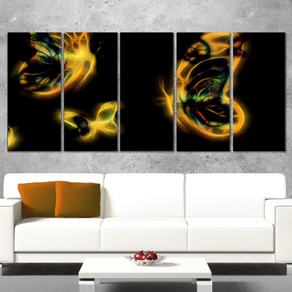 Yellow Fractal Butterflies on Black, Floral Canvas Art Print, 60"x28", 5 Panels
