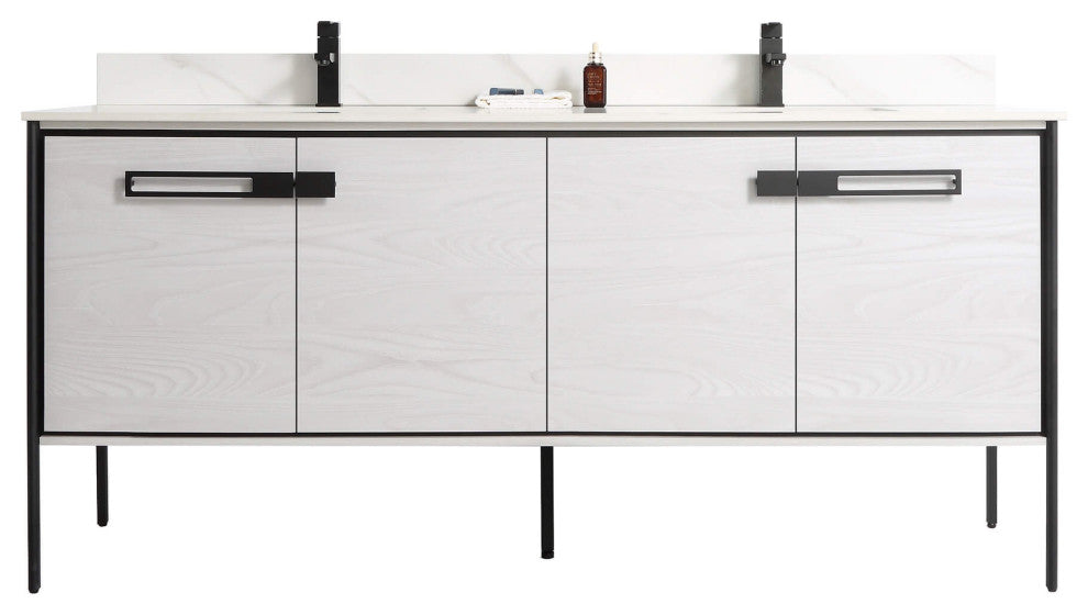Oakville Bath Vanity, Ceramic Sink, Mild Grey Oak, 72 Inch, Black Hardware