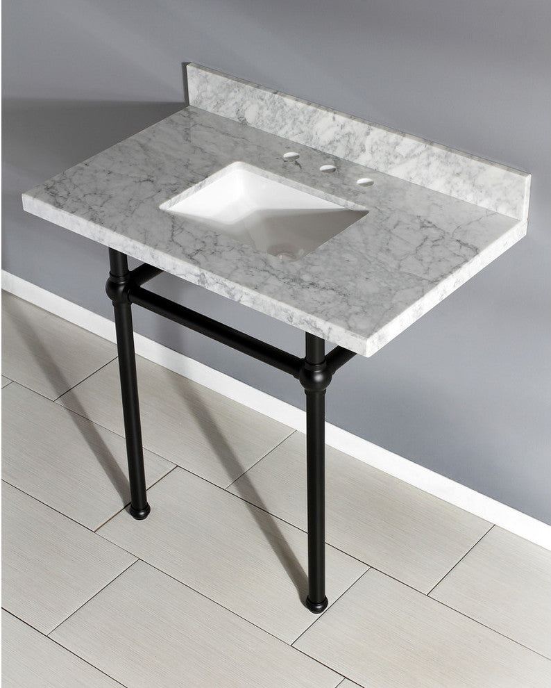 36X22 Carrara Marble Vanity Top w/Brass Console Legs, Carrara Marble/Matte Black