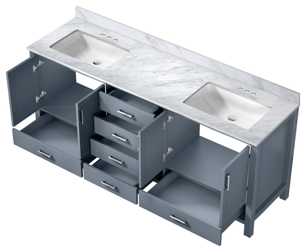 80" Dark Gray Double Vanity, White Carrara Marble Top, White Sinks, No Mirror