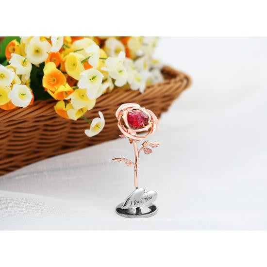Matashi Rose Gold Plated Rose Flower Tabletop Ornament w Red Crystals Home Decor