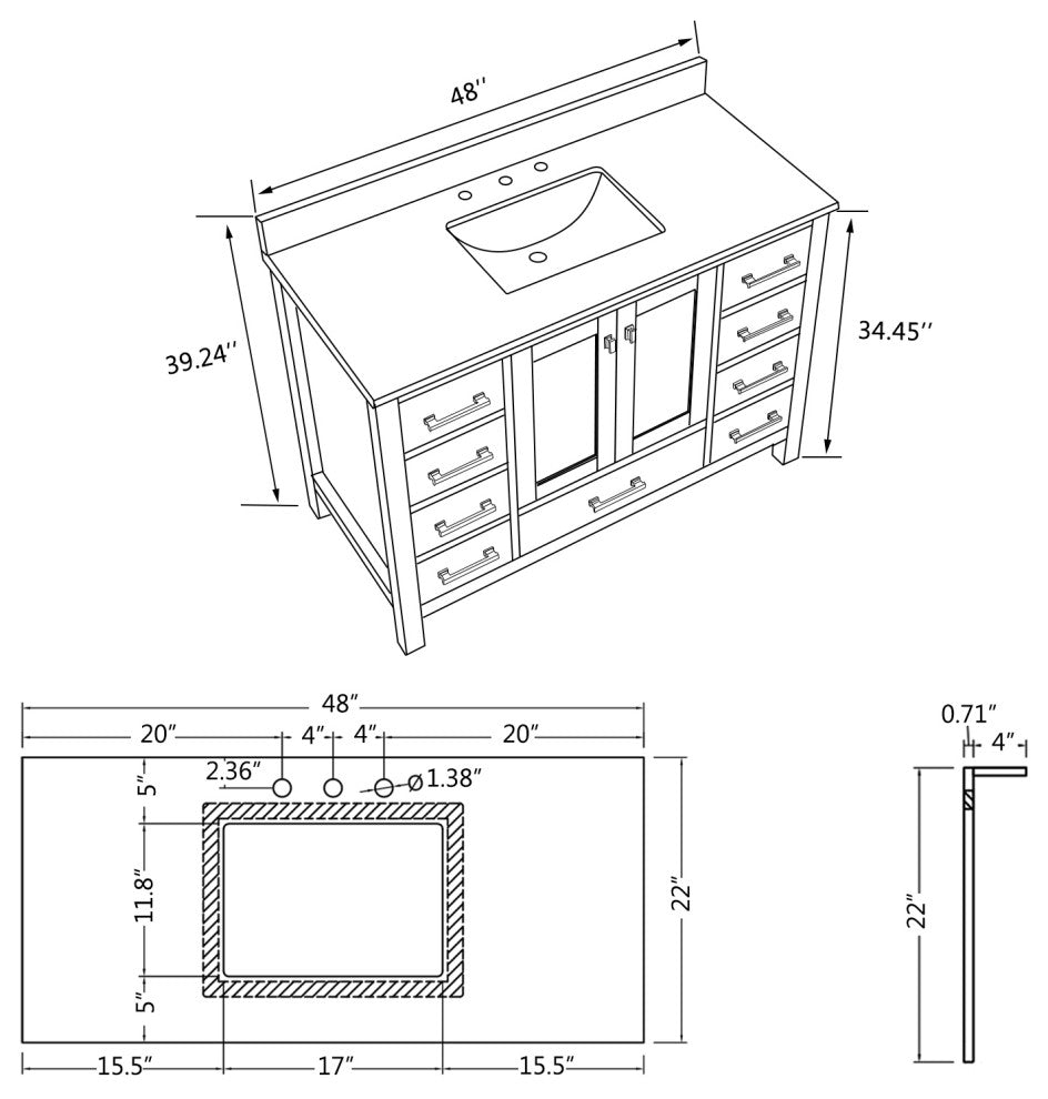 Bathroom Vanity Set, Base:Gray, 48", Without Mirror