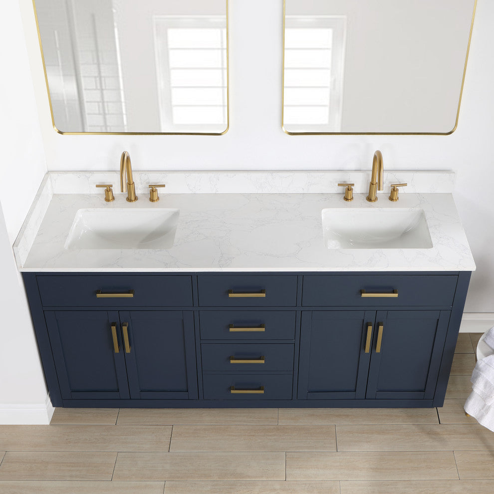 Gavino Vanity With Grain White Composite Stone Top, Royal Blue/Brushed Gold, 72", No Mirror