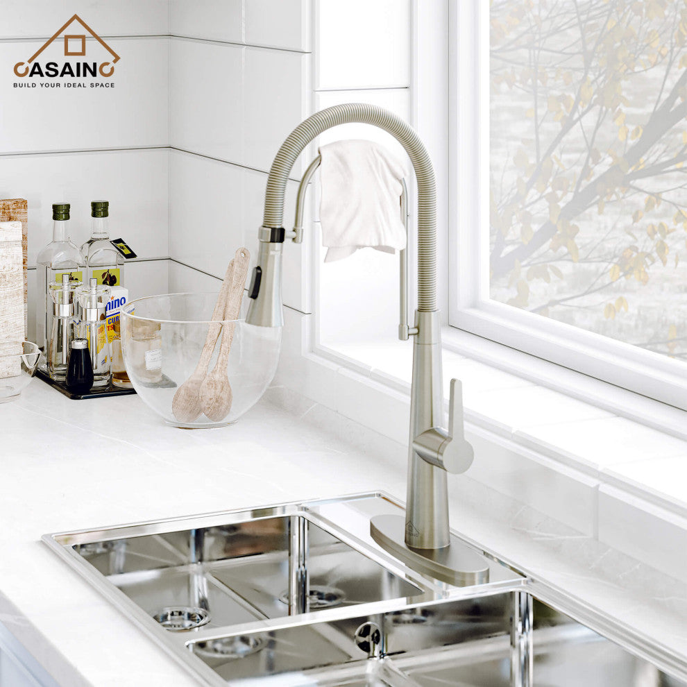 Single-Handle Spring Neck Standard Kitchen Faucet with Dual-Function, Brushed Nickel