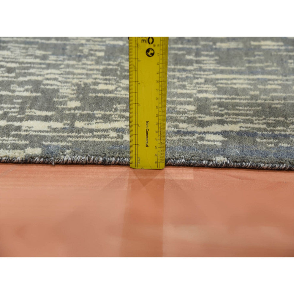 Gray and Blue Pure Wool Hand Knotted Modern Ombre Design Runner Rug, 2'6"x10'2"