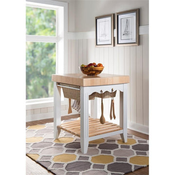 Linon Kolton Butcher Block Kitchen Island with 2 Baskets in White/Natural Wood
