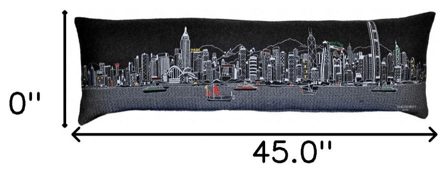 46" Black Hong Kong Nighttime Skyline Lumbar Decorative Pillow