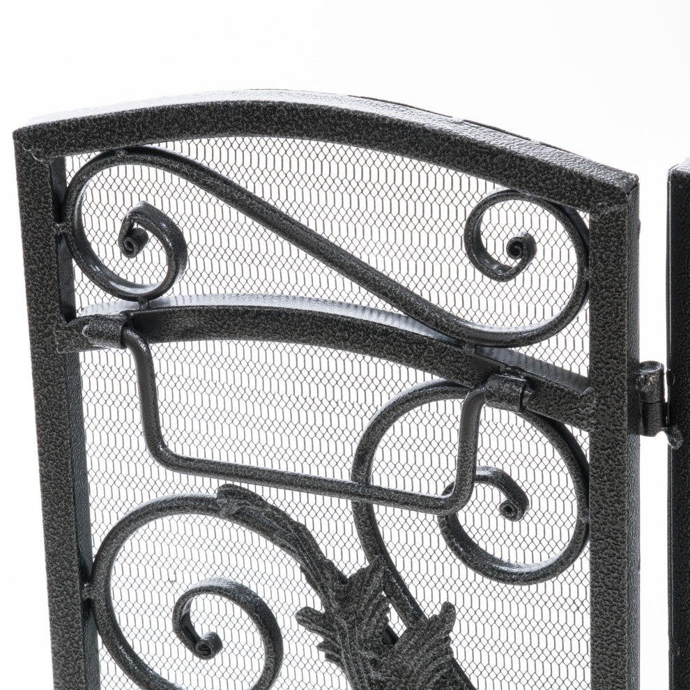 GDF Studio Mariella Floral Iron Fireplace Screen, Silver Finish