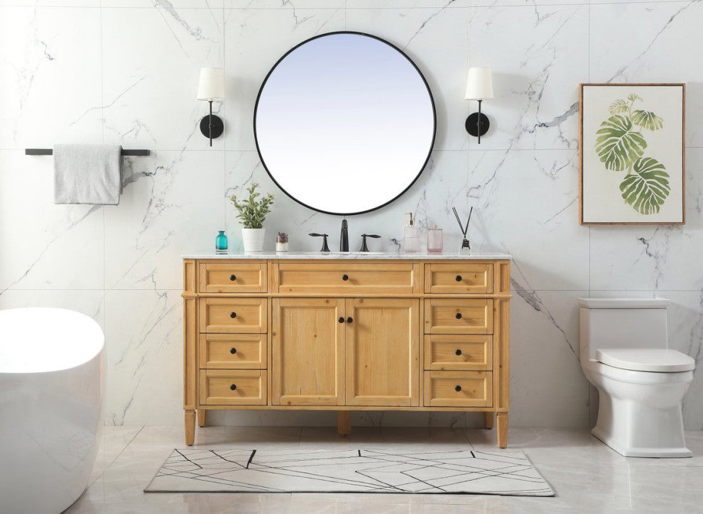 Home Living Vanity with Carrara White Marble Countertop, Natural Wood, 60", Single Sink