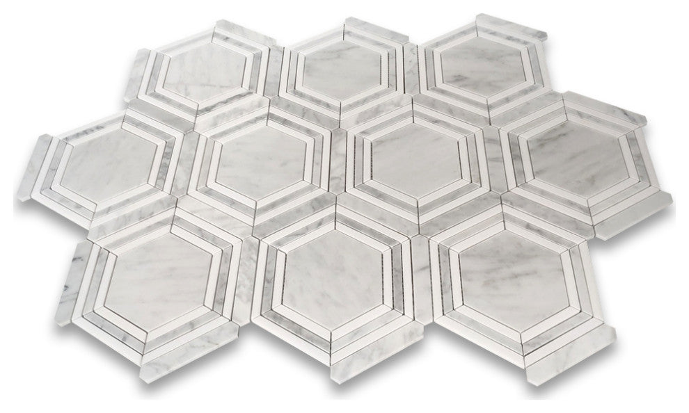 Carrara White Marble 5 Hexagon Georama Mosaic Tile Thassos Strip Honed, 1 sheet