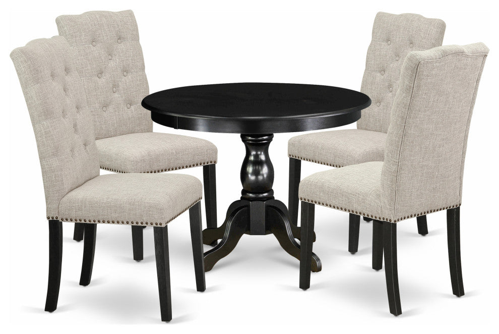 5Pc Kitchen Set, Black Table, 4 Doeskin Dining Chairs Back, Wire Brushed Black