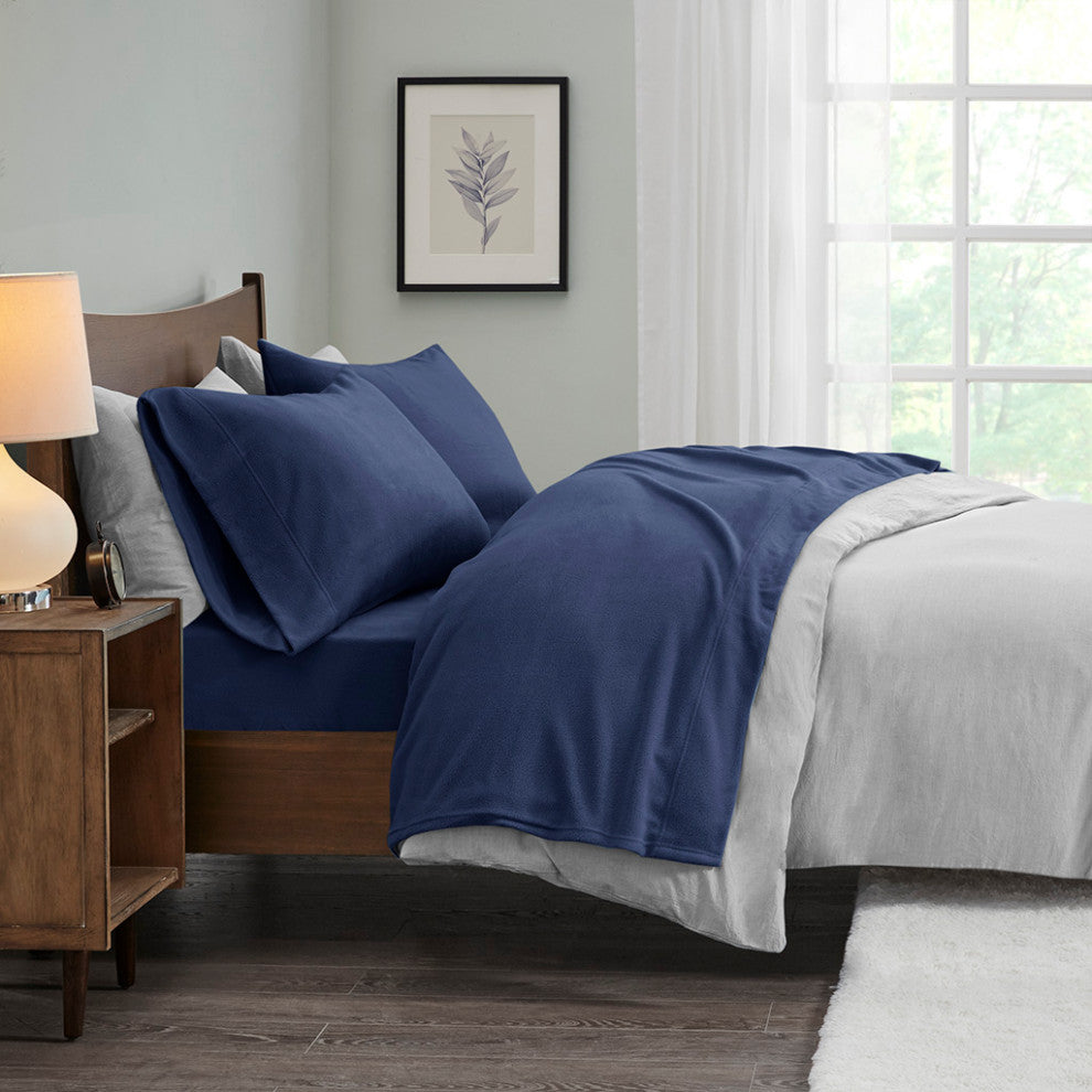 True North by Sleep Philosophy Microfleece Warm Sheet Set, Navy Blue, King