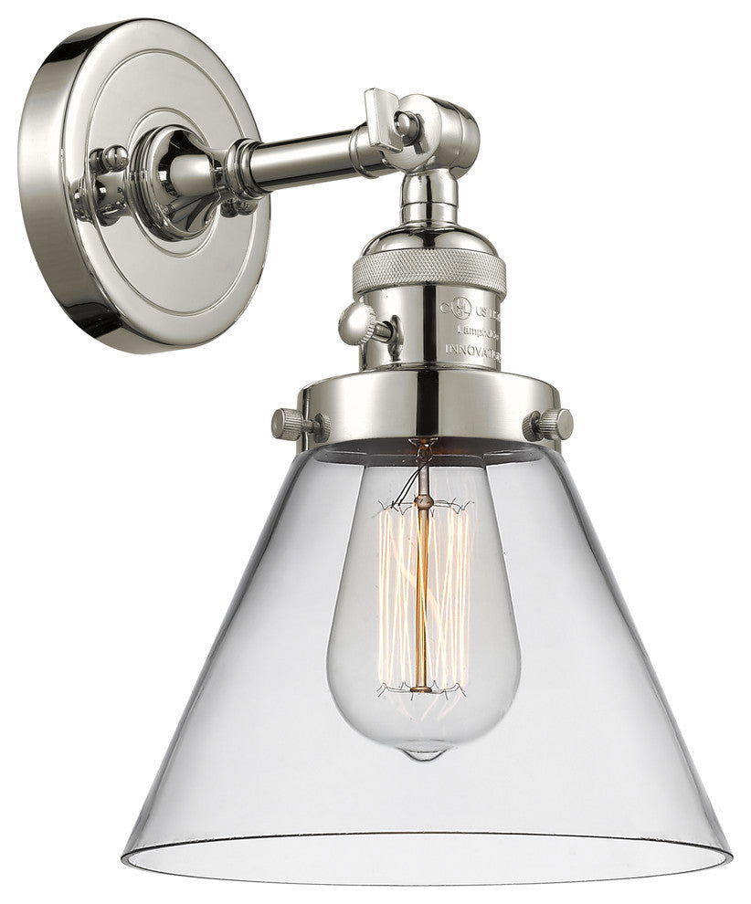 Large Cone 1-Light Sconce, Polished Nickel, Glass: Clear