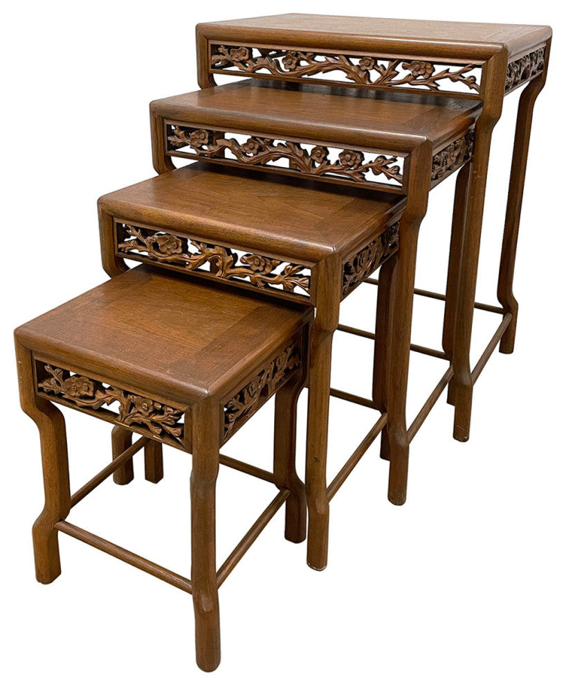 Consigned Early 20th Century Chinese Carved Teak Wood Nesting Table Set
