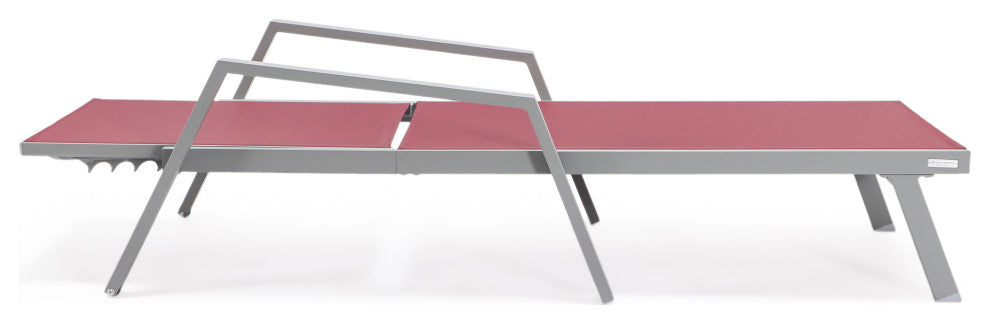 LeisureMod Marlin Chaise Lounge Chair With Arms and Fire Pit Table, Burgundy