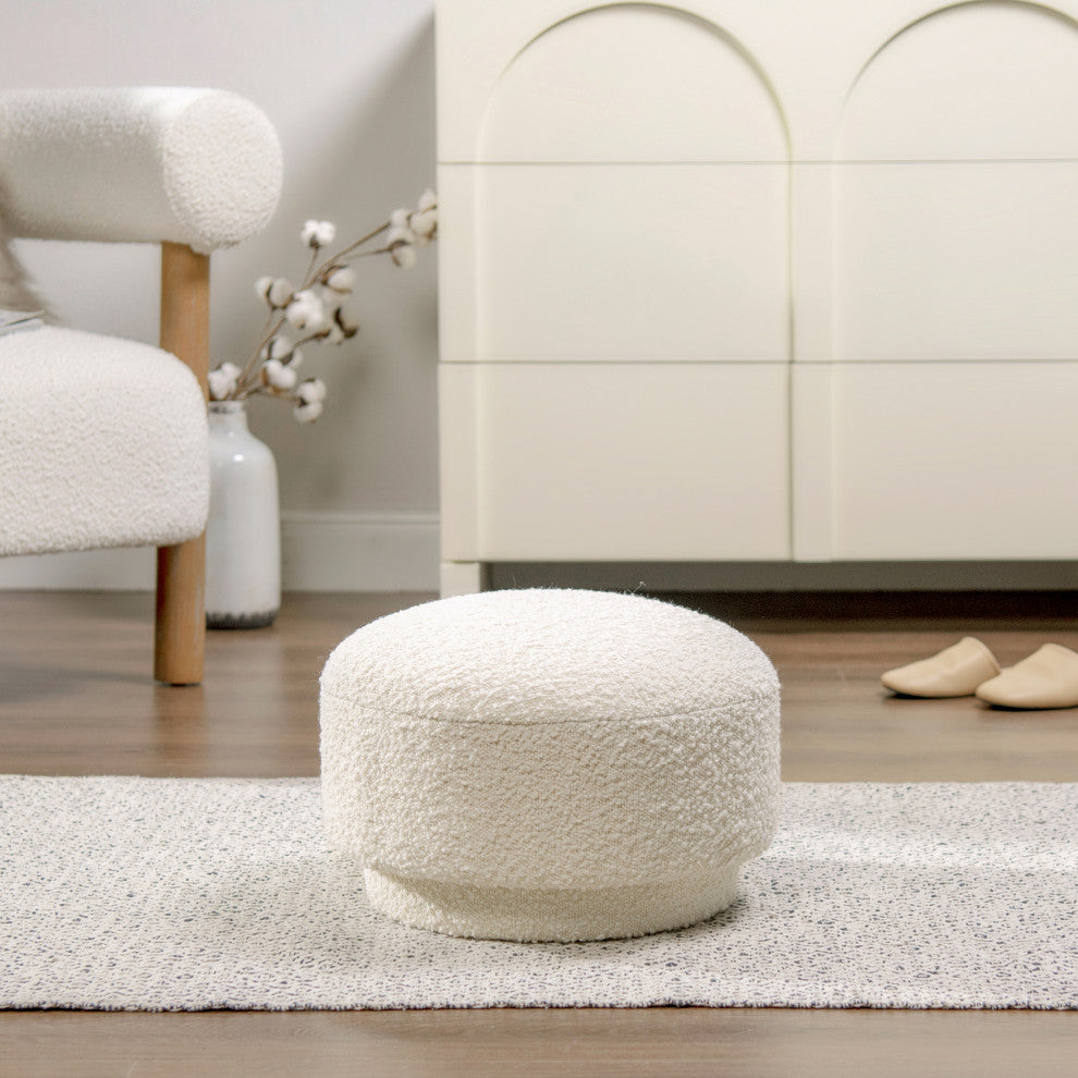 Fuji 15" Mushroom Footstool Ottoman, Ivory White Boucle