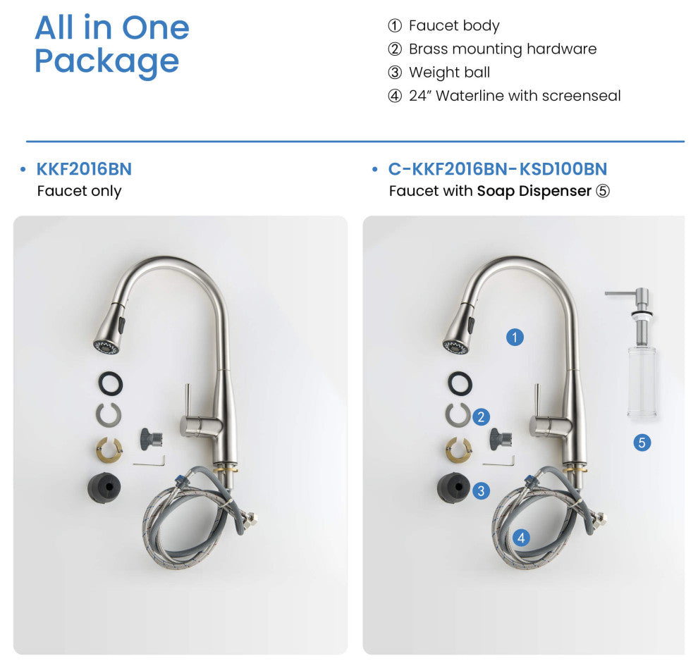 Bari-T Single Handle Pull Down Faucet, Brushed Nickel, With Soap Dispenser