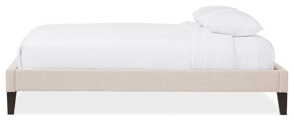 Beige Linen Fabric Upholstered Queen Size Bed Frame With Tapered Legs