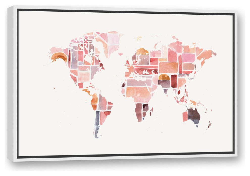 Pink World Map 24x36 White Floating Framed Canvas