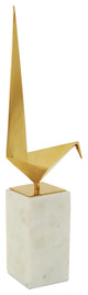 Bird Statue III Gold Finish on Metal with White Marble Base