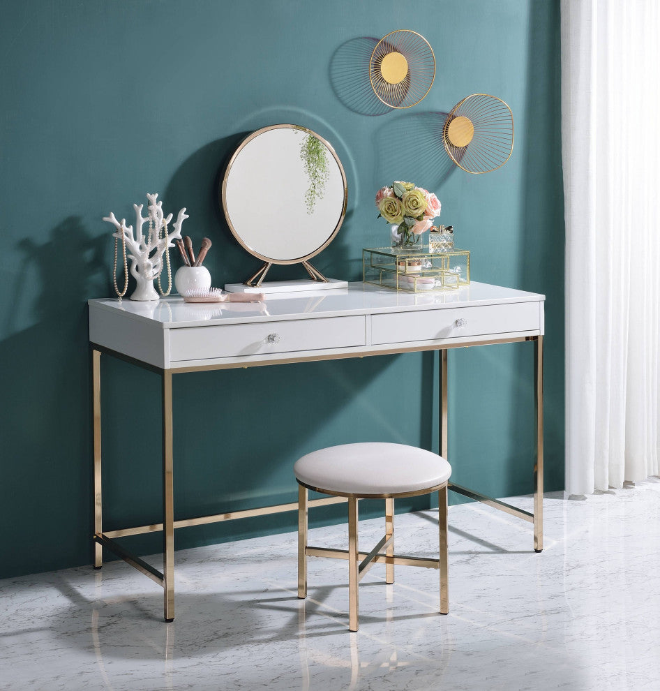 ACME Ottey Vanity Desk, White High Gloss and Gold Finish