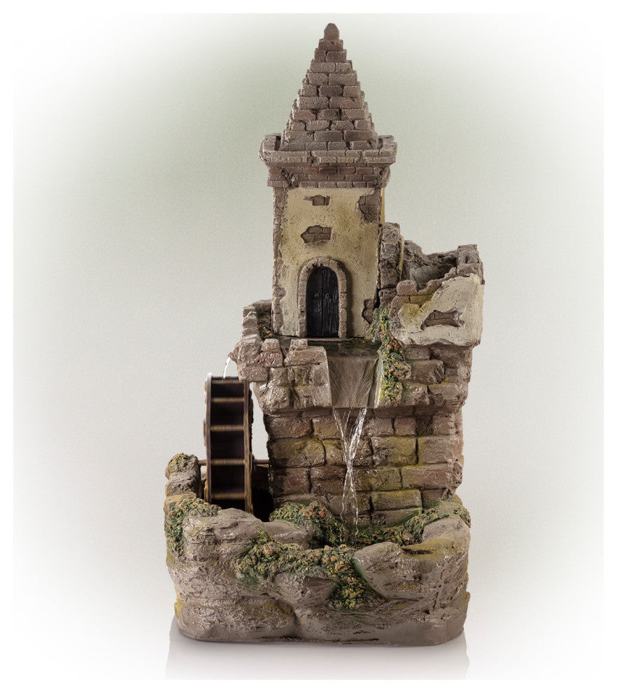 35" Tall Outdoor Fairy Castle Waterwheel Tiered Fountain Yard Art Decoration