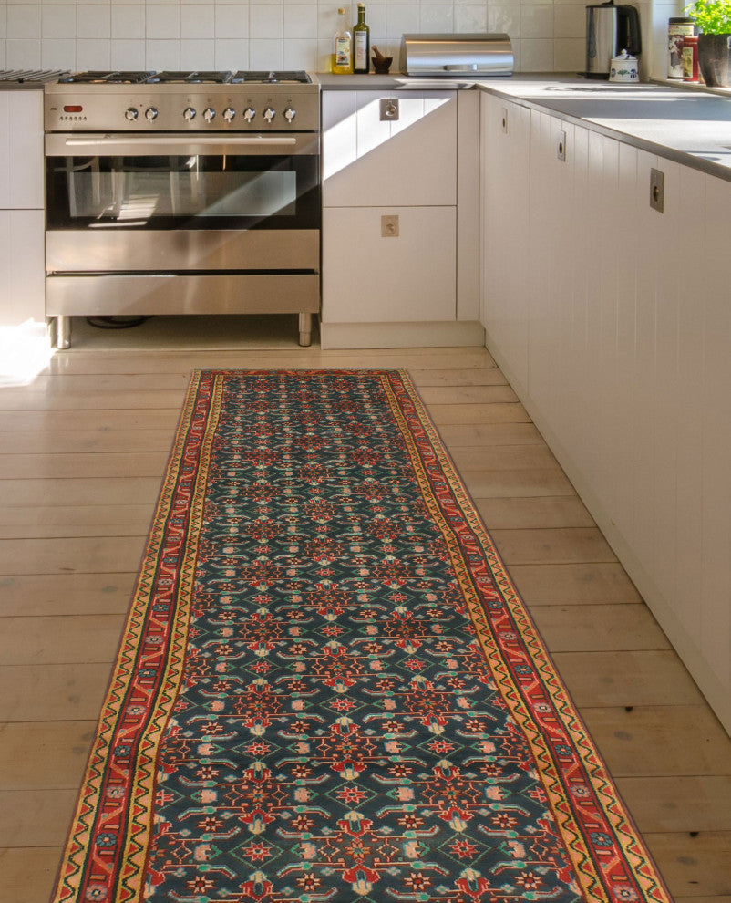Fine Vintage Distressed Huriye Navy/Red Runner, 3'1x13'2