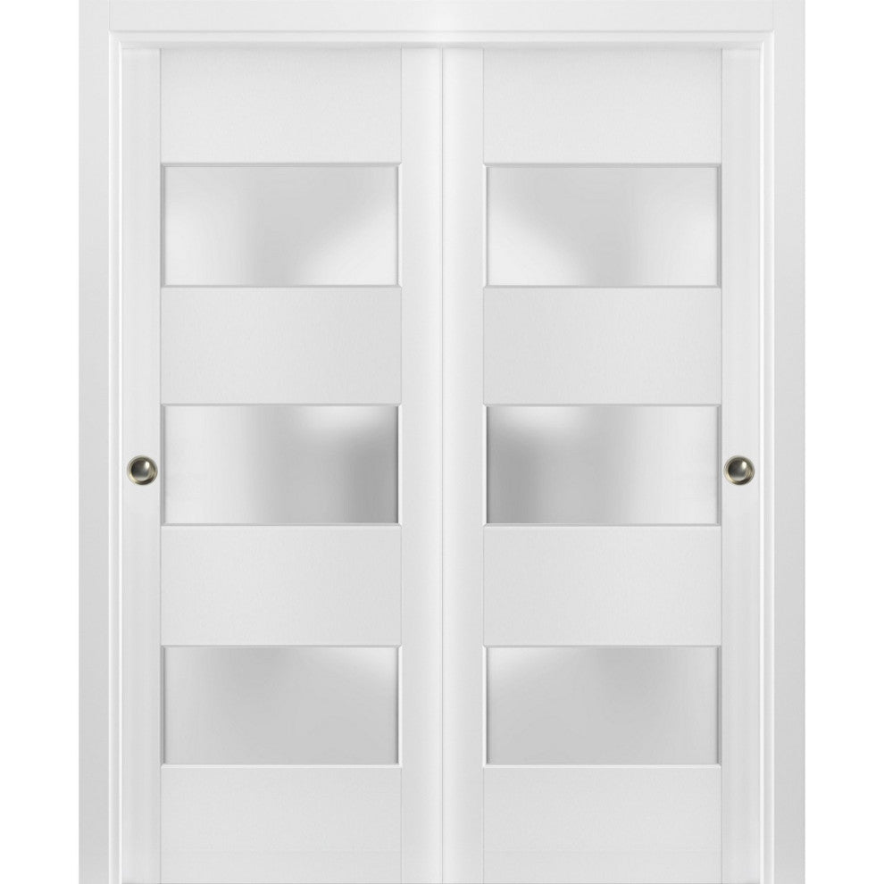 Closet Frosted Glass 3 Lites Bypass Doors 48 x 80, Lucia 4070 White Silk, Kit