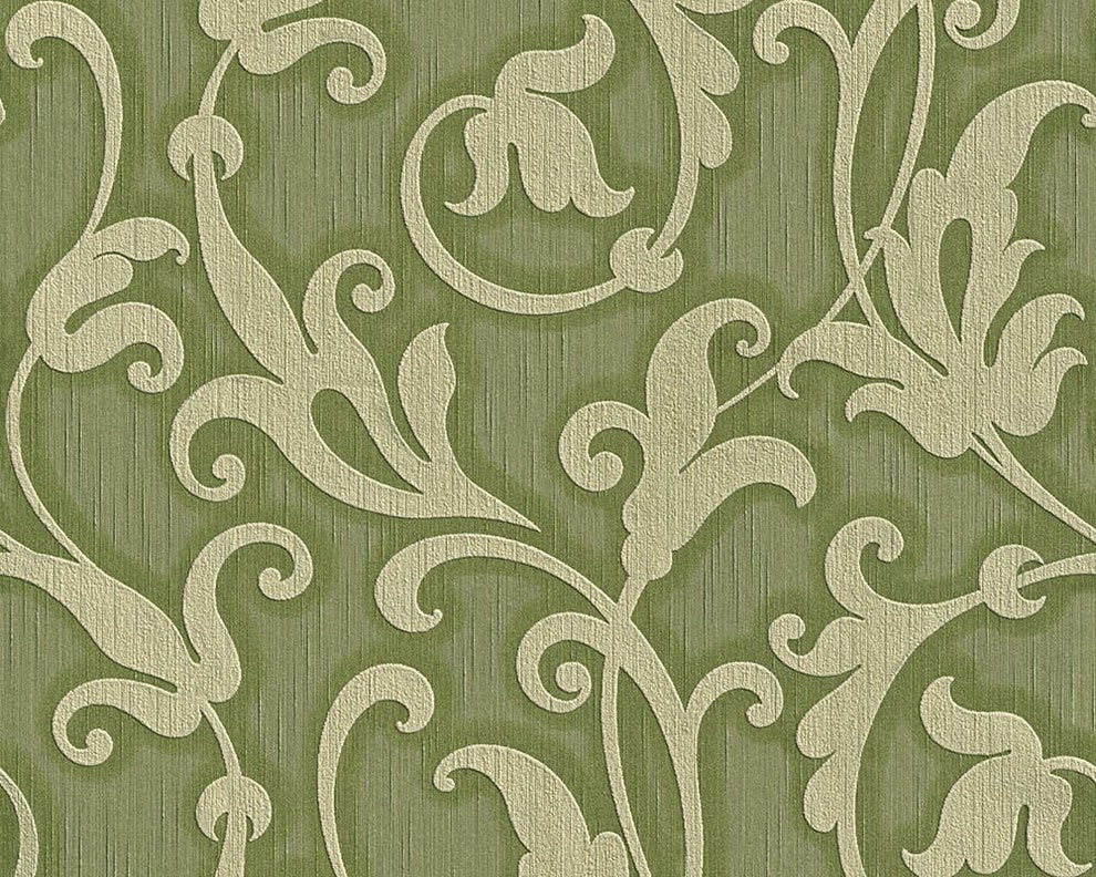 Tessuto, Baroque Fabric Green Wallpaper Roll, Wall Decor Accent