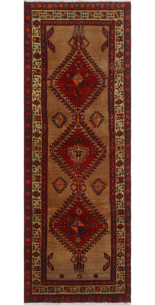 Semi Antique Huri Brown/Red Runner, 3'5x9'6