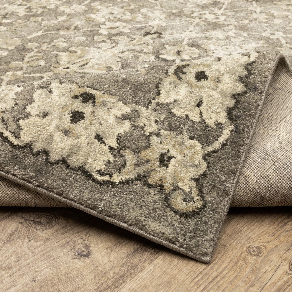 Fleming Distressed Floral Panel Grey and Beige Area Rug, 5'3"x7'6"