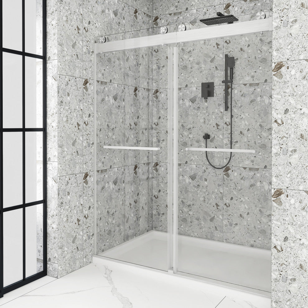 60" x 76" Double Sliding Frameless Shower Door, Buffer, Brushed Nickel