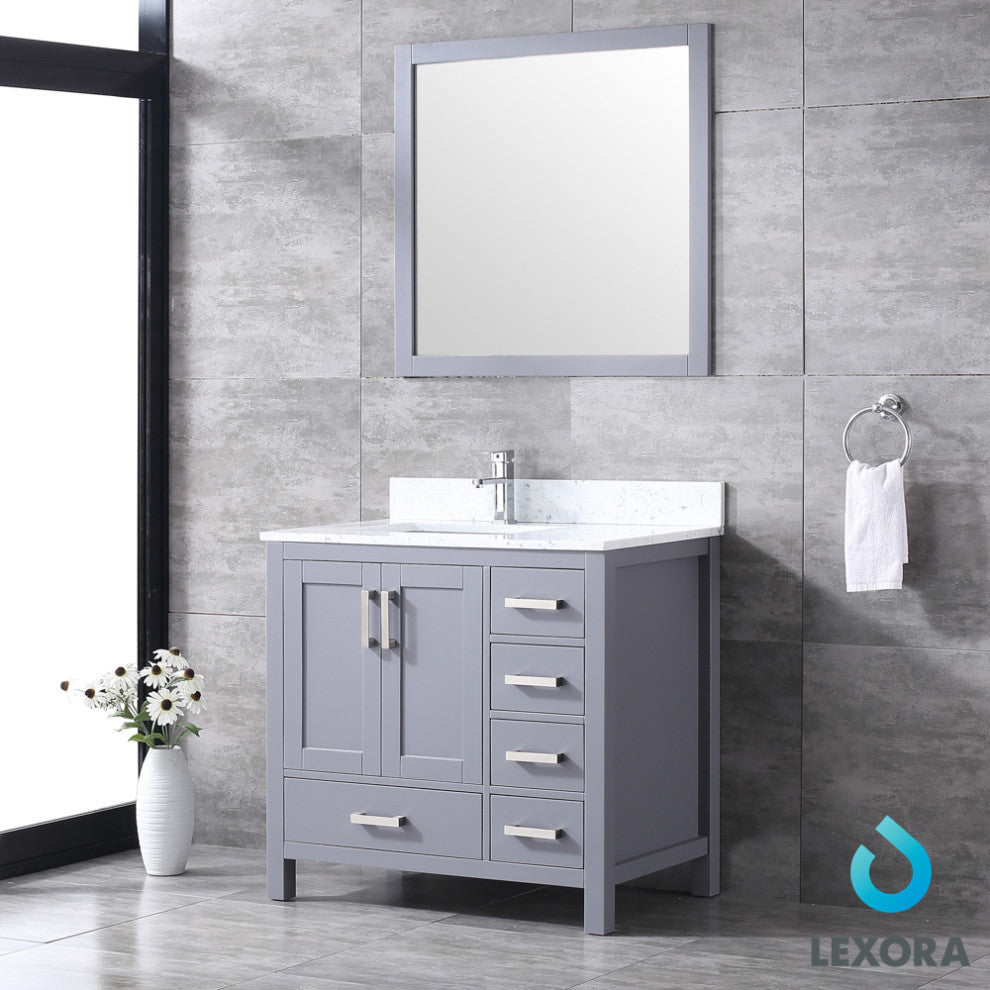 Jacques 36" Vanity, Wht Carrara Marble Top w/ 34" Mirror, Dark Grey, Left
