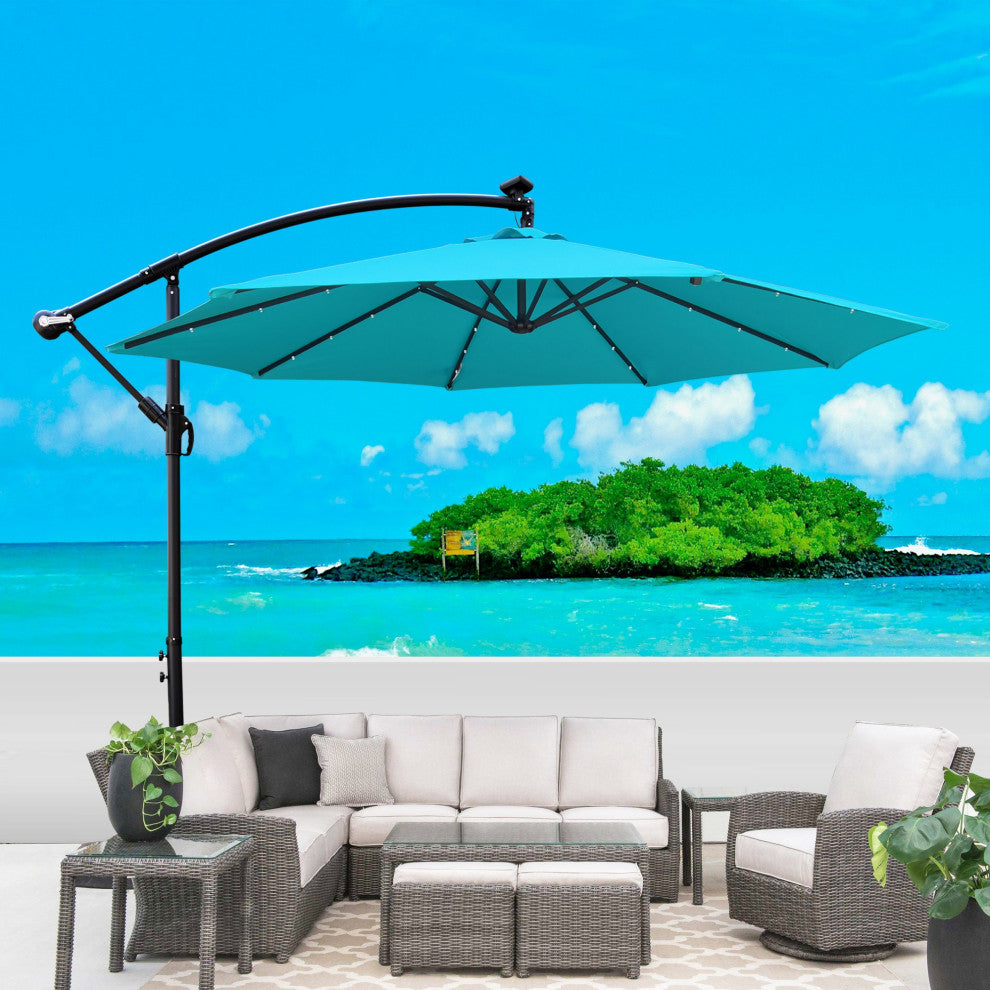 10' Steel Patio Umbrella Outdoor Market With Crank and LED Lights, Light Blue