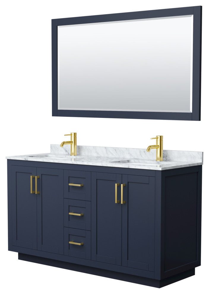 60"DBL Bathroom Vanity Dark Blue, Carrara Countertop, Sinks, Gold Trim,58"Mirror