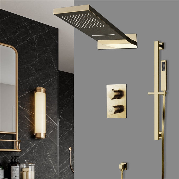 Melfi 22" Brushed Gold Rainfall Shower System, Square Handheld Shower, Non LED