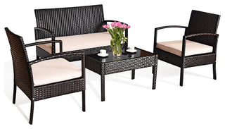 Costway 4PCS Patio Rattan Conversation Furniture Set Cushioned Seat Glass Table