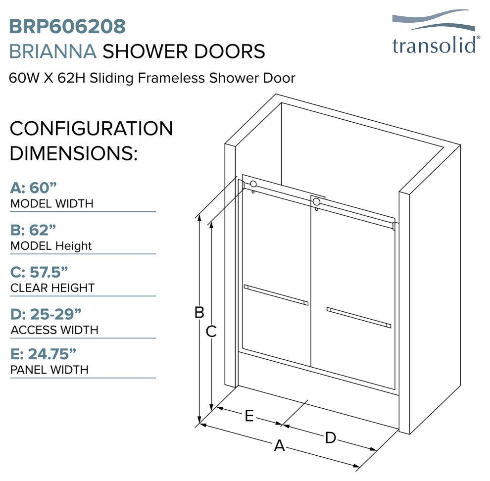 Transolid Brianna 60" W x 62" H Frameless Sliding Shower Door, Polished Chrome