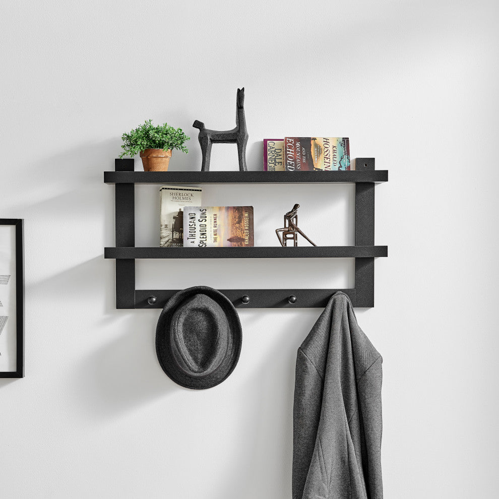 Danya B 2-Tier Ledge Wall Shelf Organizer with Five Hanging Coat or Towel Hooks, Black