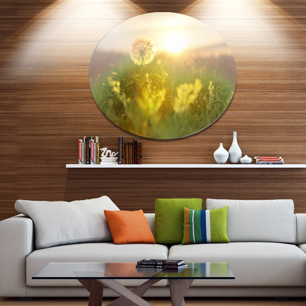 Dandelion Blooming Flower In Field, Floral Round Metal Wall Art, 11"