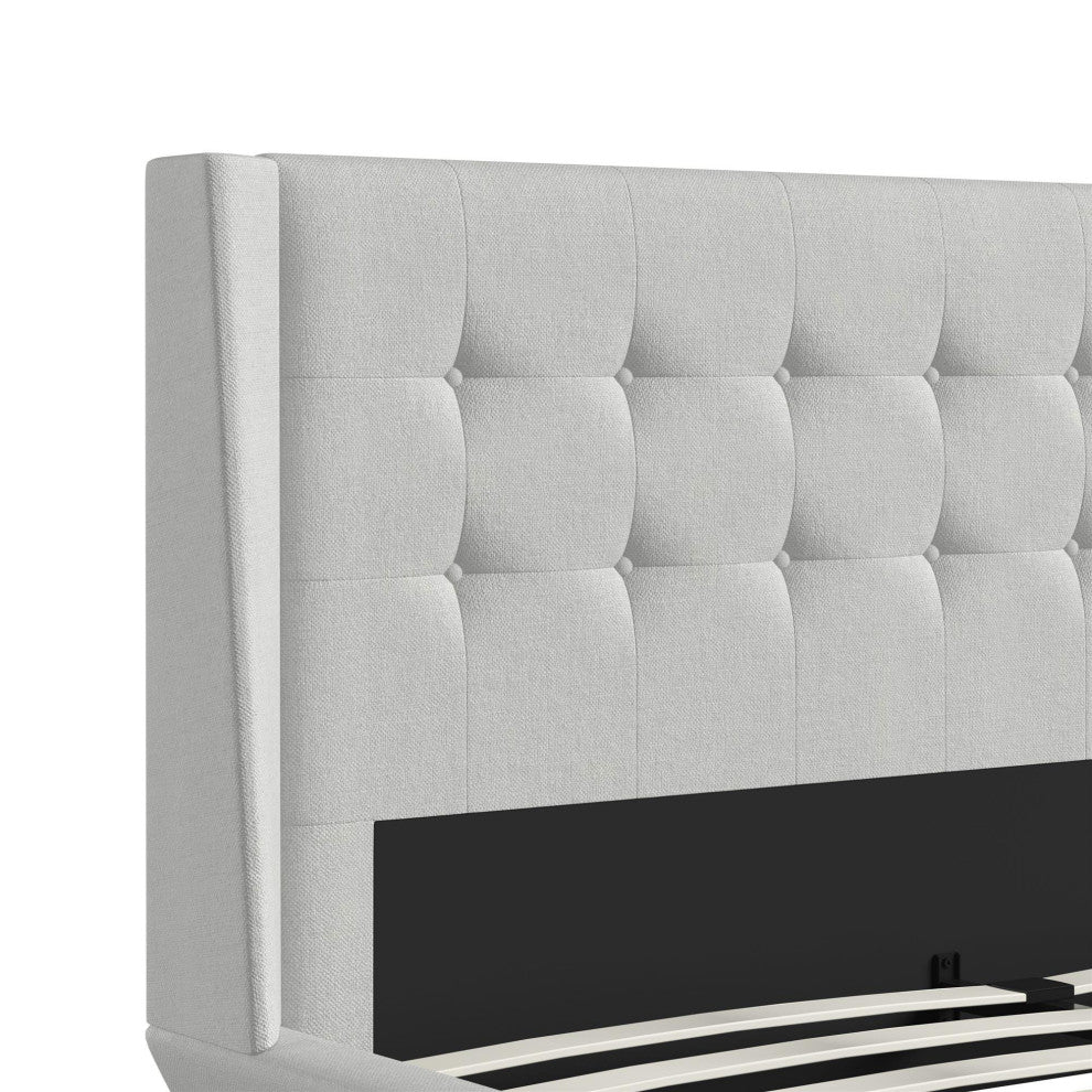 Unique Platform Frame, Wing Headboard With Button Tufting, Light Gray, Queen