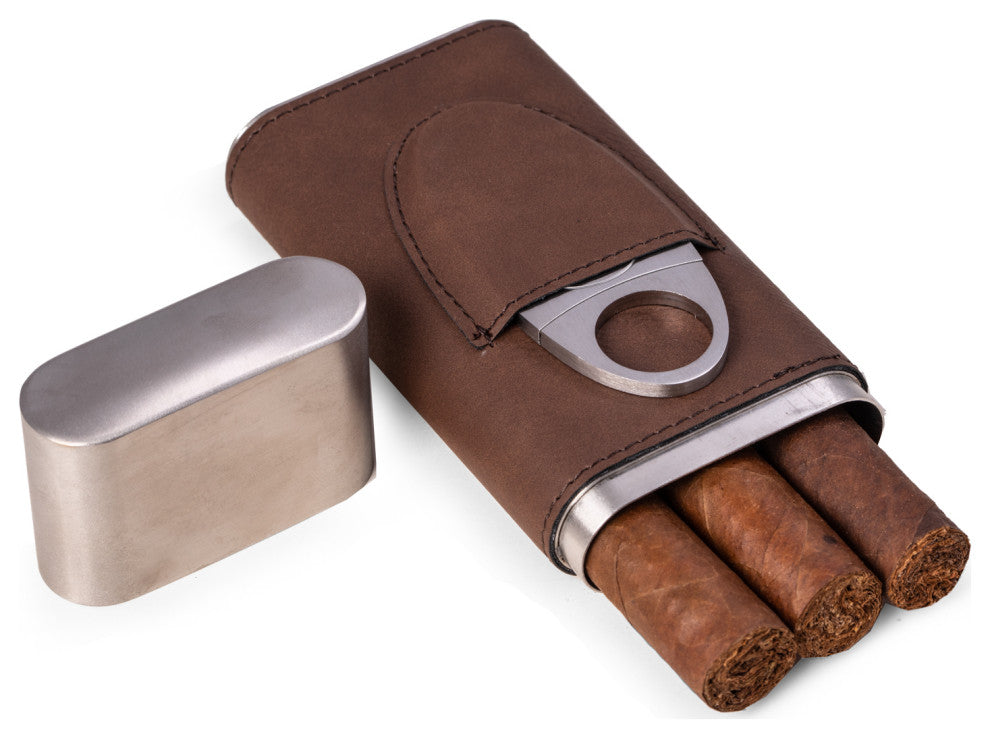 Brown Leather 3 Cigar Case, Cigar Cutter