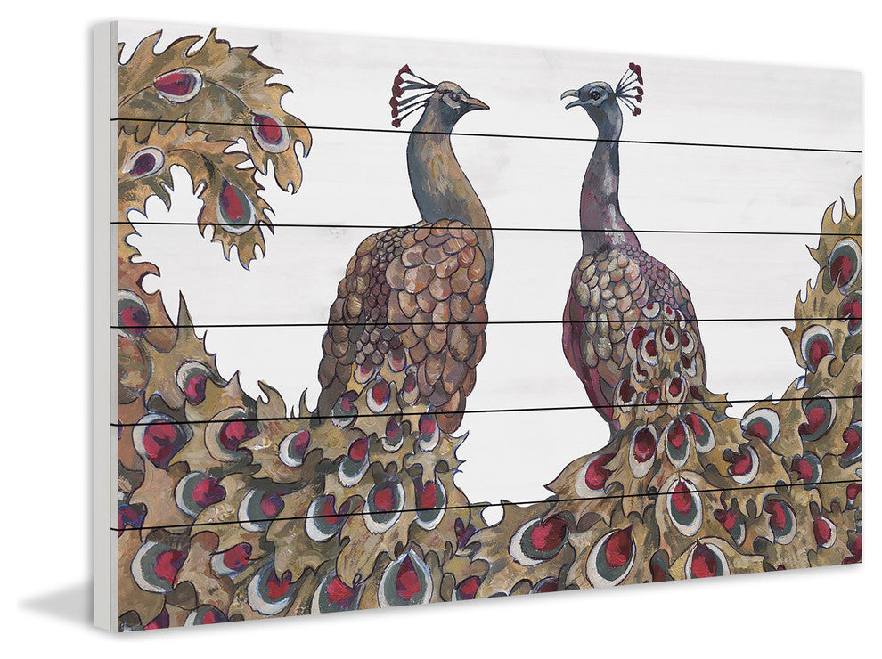 "Peacock Partner I" Painting Print on White Wood, 36"x24"
