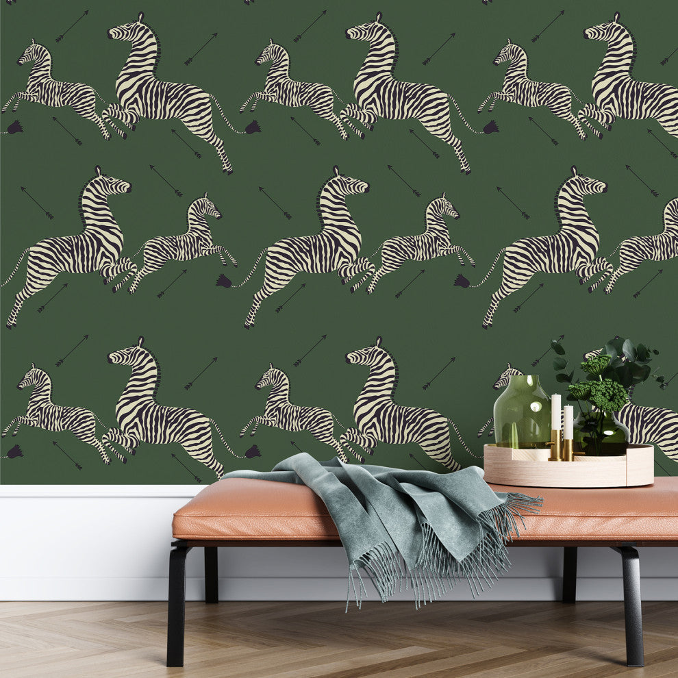 Serengeti Green Zebra Safari Scalamandre Self Adhesive Wallpaper, Green, Bolt