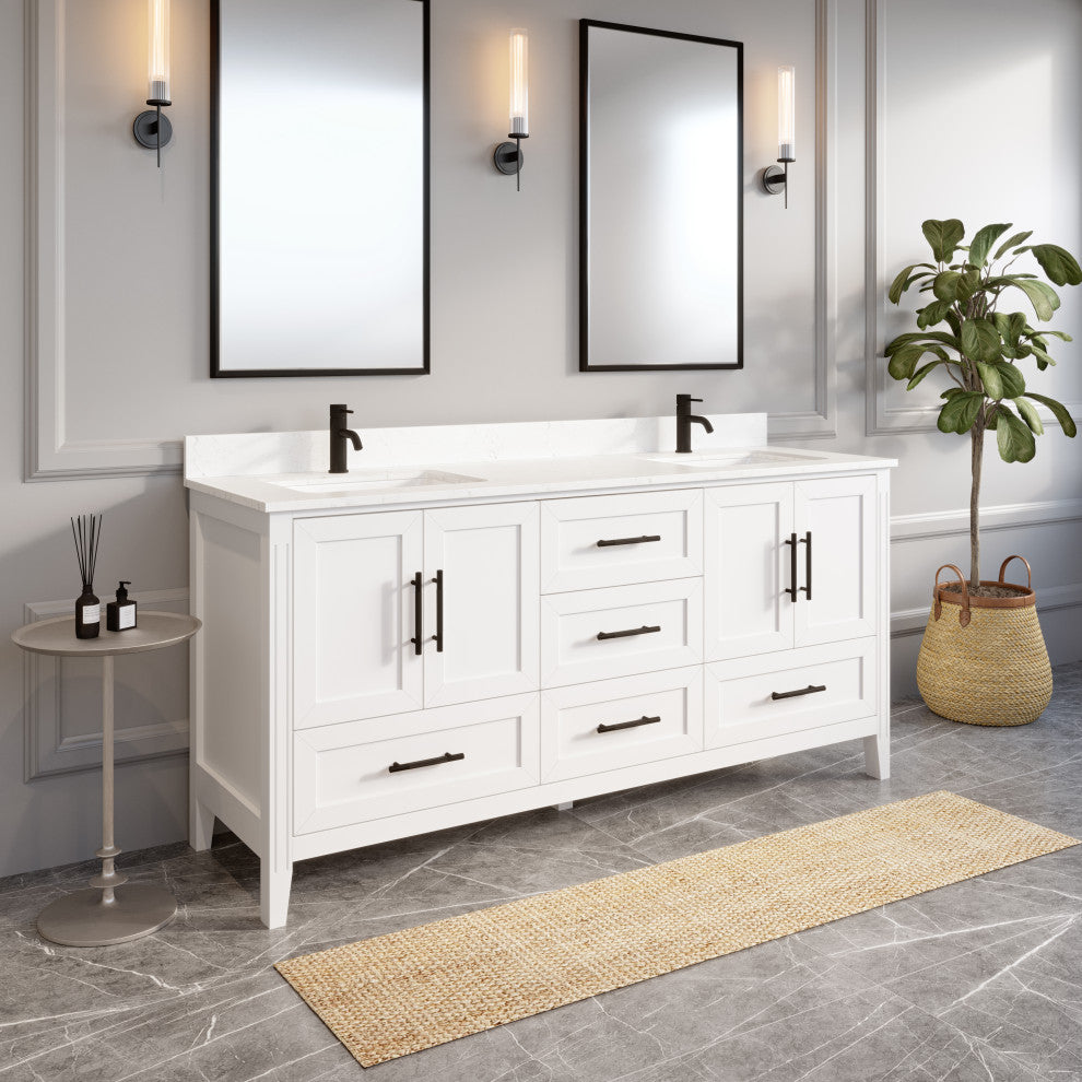Houston 72" Double Vanity With Power Bar and Drawer Organizer, White