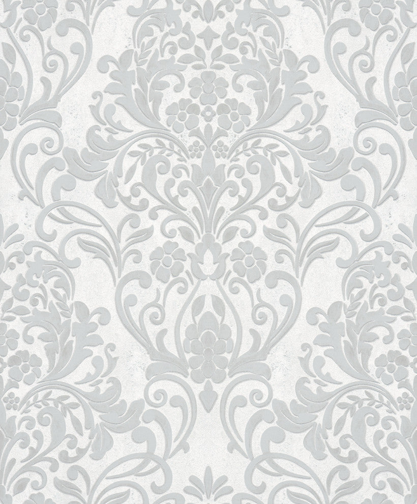 Damask Textured Wallpaper, Ornamental, 32602, Gray Silver, Sample