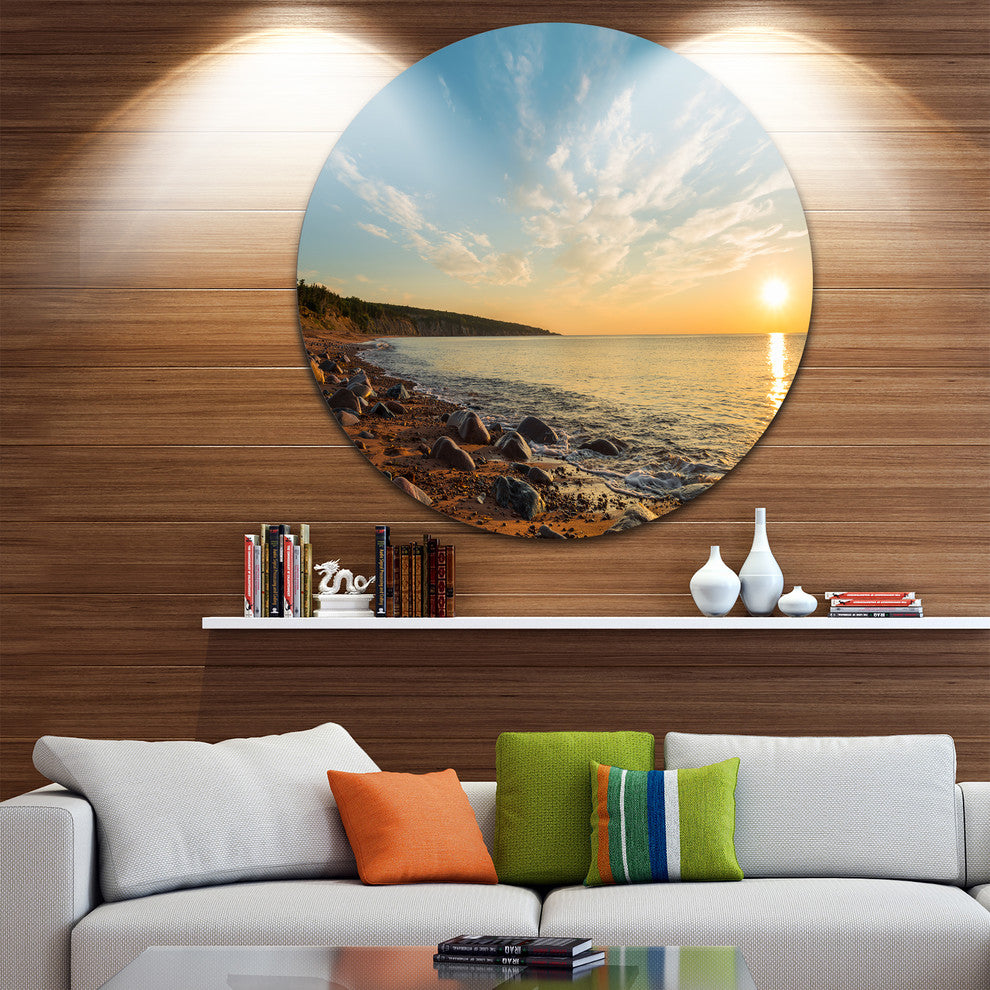 Ocean Shore At Sunrise With Rocks, Seascape Round Metal Wall Art, 36"