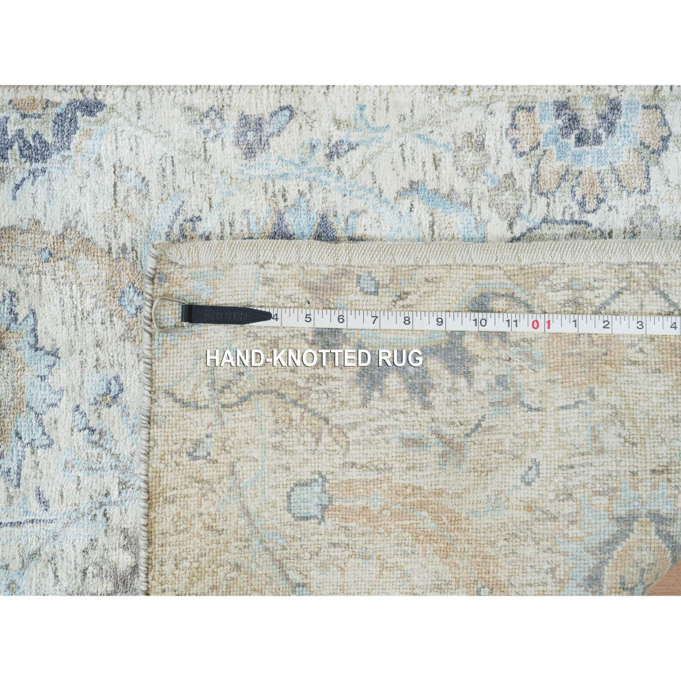 Ivory Silk With Wool Hand Knotted Sickle Leaf Design XL Runner Rug, 2'6"x23'10"