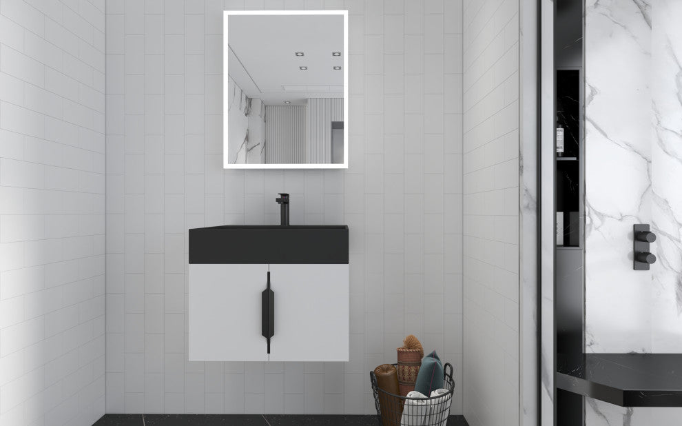 CastelloUSA Amazon 24" Wall Mounted Bathroom Vanity Set, White, Black Top, Black Handles